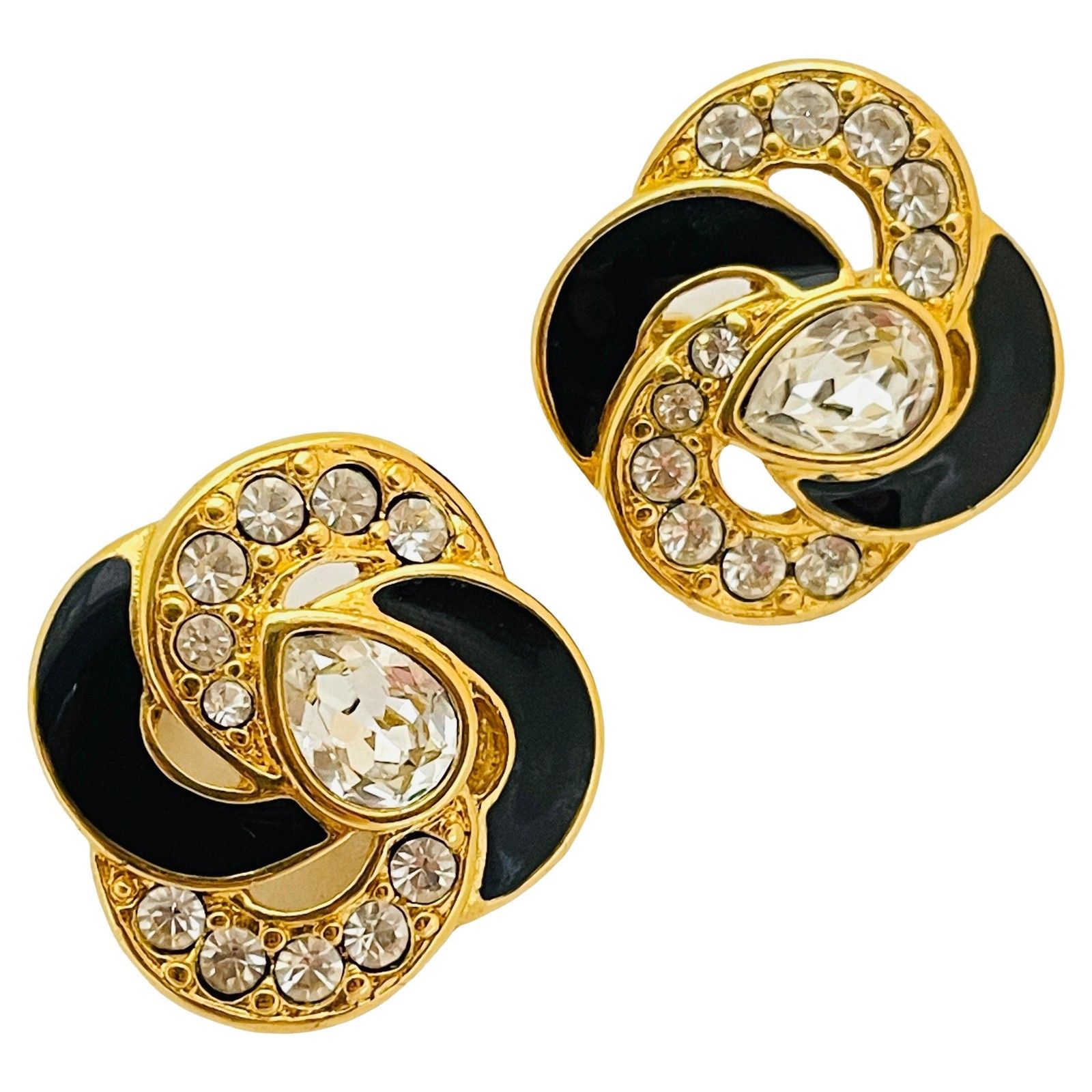 Monet Signed Gold Rhinestones Enamel Designer Runway Clip On Earrings
